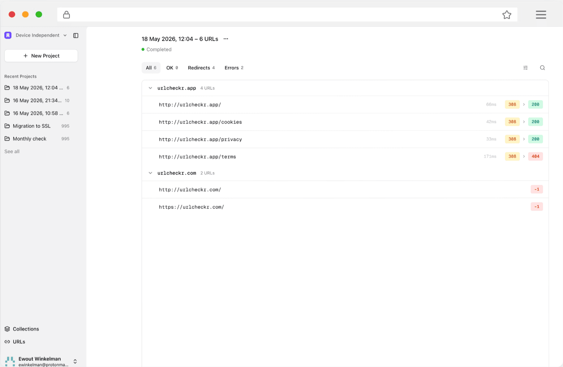 Urlcheckr dashboard showing redirect chain analysis with URL list, status codes, and detailed request information